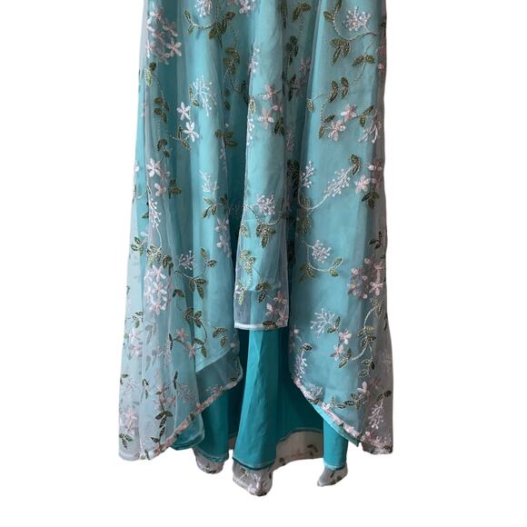 Aqua Floral Embroidered Midi Dress S Fairy Whimsical Coquette Feminine Ethereal - Picture 3 of 8